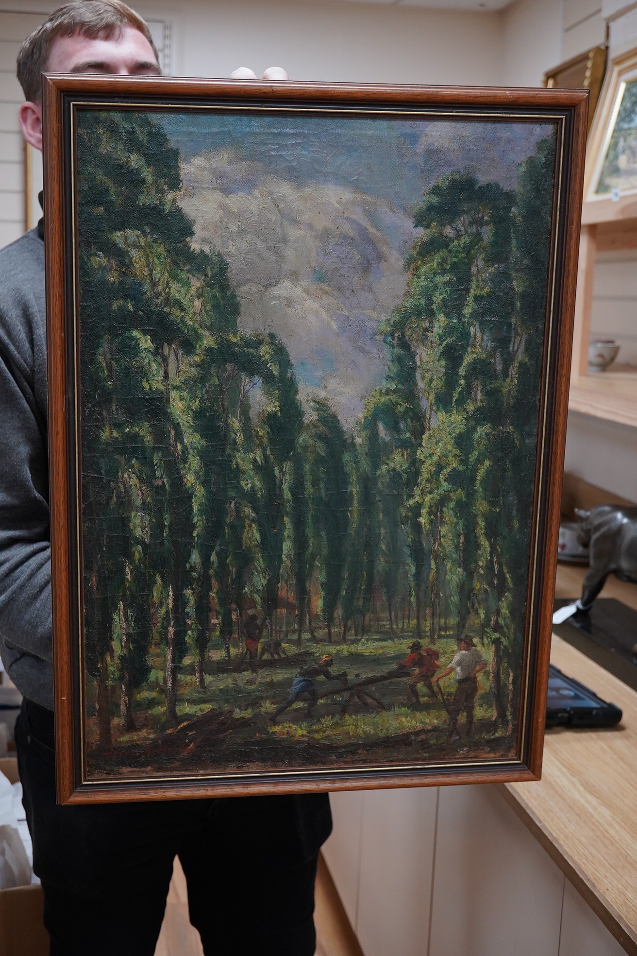 Alfred A. Martin (1871-1939), oil on canvas, Woodland clearing with figures, signed, 62 x 43cm. Condition - poor to fair
